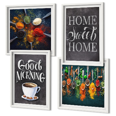 Composição de quadros Especiarias, café, xícara, ervas