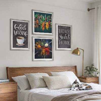 Composição de quadros Especiarias, café, xícara, ervas