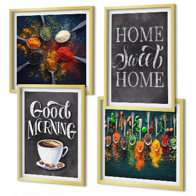 Composição de quadros Especiarias, café, xícara, ervas
