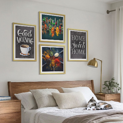 Composição de quadros Especiarias, café, xícara, ervas
