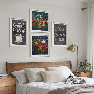 Composição de quadros Especiarias, café, xícara, ervas