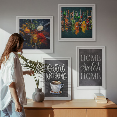 Composição de quadros Especiarias, café, xícara, ervas