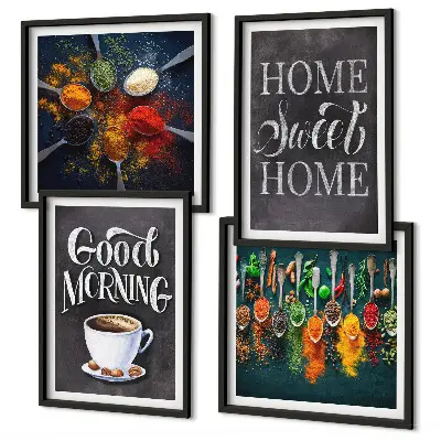 Conjunto de quadros decorativos com especiarias, café, xícara e ervas
