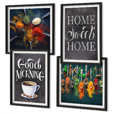 Composição de quadros Especiarias, café, xícara, ervas