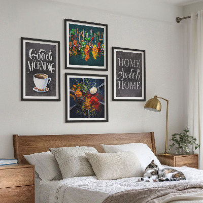 Composição de quadros Especiarias, café, xícara, ervas