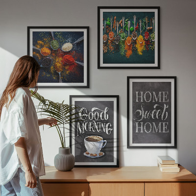 Composição de quadros Especiarias, café, xícara, ervas