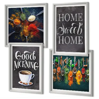Conjunto de quadros decorativos com especiarias, café, xícara e ervas