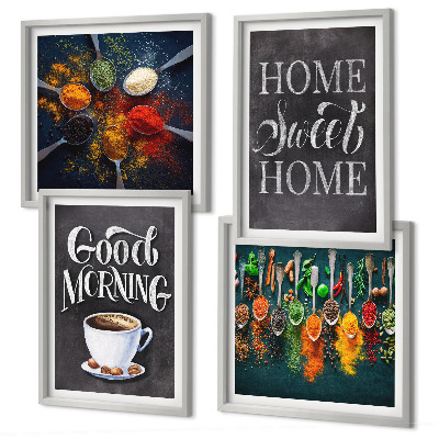 Composição de quadros Especiarias, café, xícara, ervas