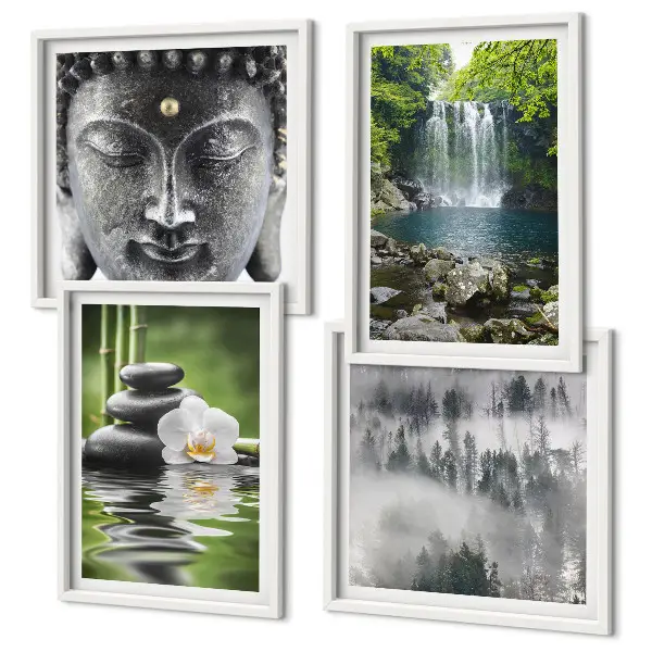 Composição de quadros com harmonia da natureza de pedras, água e Buda