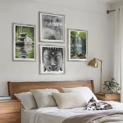 Composição de quadros com harmonia da natureza de pedras, água e Buda