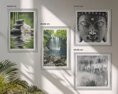 Composição de quadros com harmonia da natureza de pedras, água e Buda