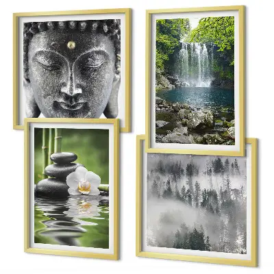 Composição de quadros com harmonia da natureza de pedras, água e Buda