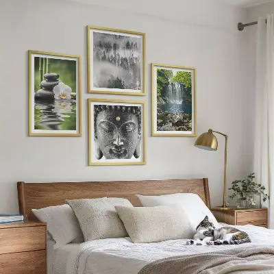 Composição de quadros com harmonia da natureza de pedras, água e Buda