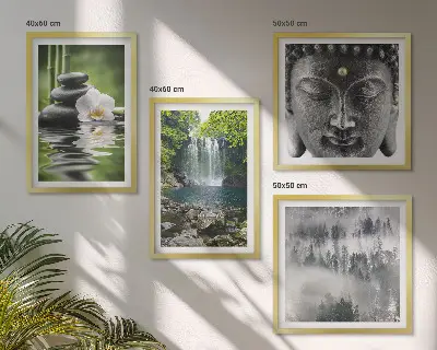 Composição de quadros com harmonia da natureza de pedras, água e Buda