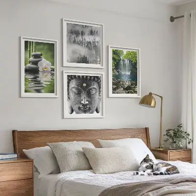 Composição de quadros com harmonia da natureza de pedras, água e Buda