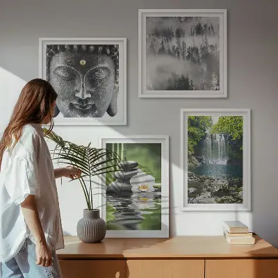 Composição de quadros com harmonia da natureza de pedras, água e Buda