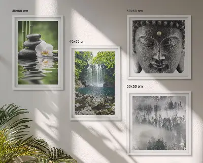 Composição de quadros com harmonia da natureza de pedras, água e Buda