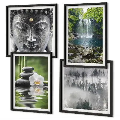 Composição de quadros com harmonia da natureza de pedras, água e Buda