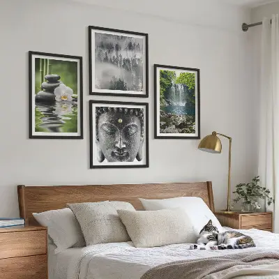 Composição de quadros com harmonia da natureza de pedras, água e Buda