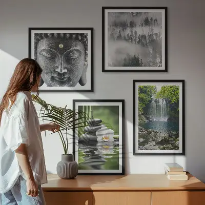 Composição de quadros com harmonia da natureza de pedras, água e Buda