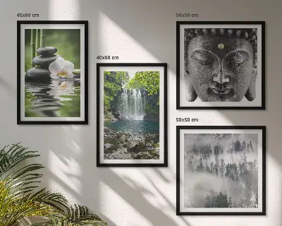 Composição de quadros com harmonia da natureza de pedras, água e Buda