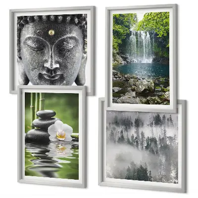 Composição de quadros com harmonia da natureza de pedras, água e Buda