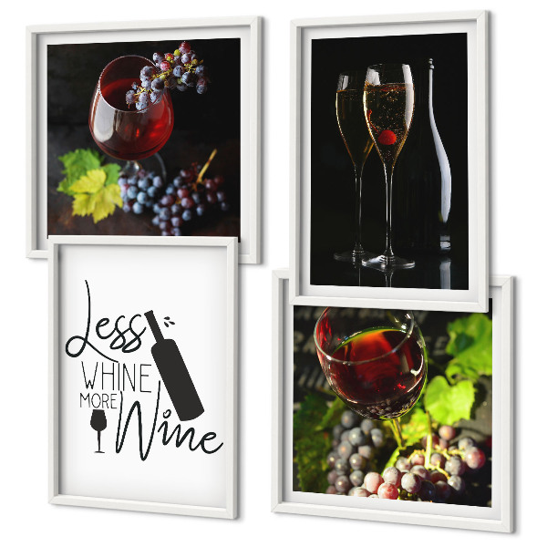 Conjunto de 4 quadros com moldura Taças de vinho com uvas e inscrição