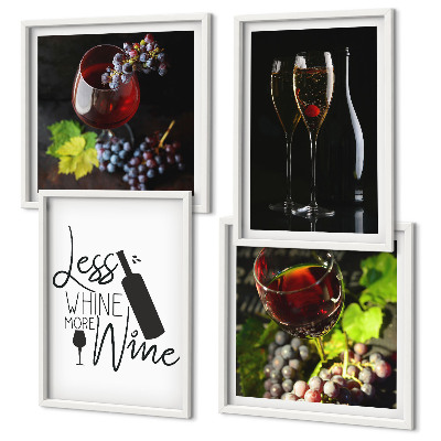 Conjunto de 4 quadros com moldura Taças de vinho com uvas e inscrição