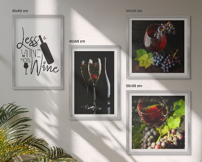 Conjunto de 4 quadros com moldura Taças de vinho com uvas e inscrição
