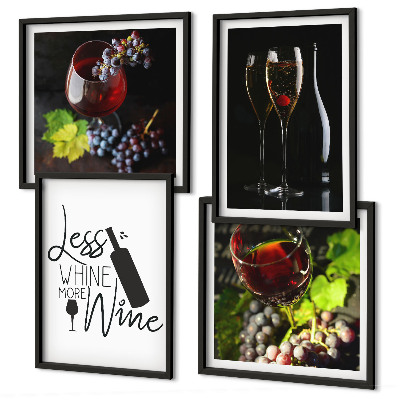 Conjunto de 4 quadros com moldura Taças de vinho com uvas e inscrição
