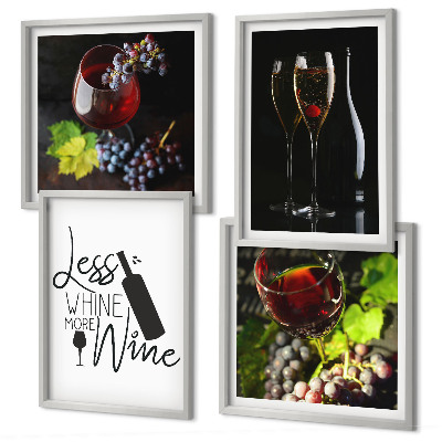 Conjunto de 4 quadros com moldura Taças de vinho com uvas e inscrição