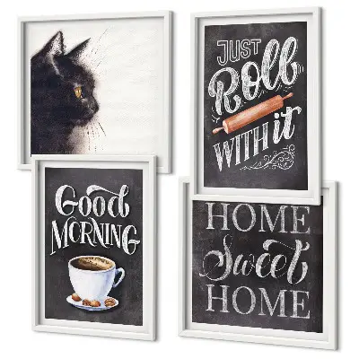 Conjunto de 4 quadros com moldura temas de cozinha com gatos para casa