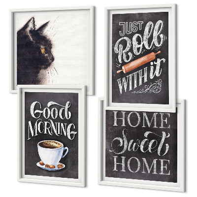 Conjunto de 4 quadros com moldura Temas de cozinha para casa com tema de gato