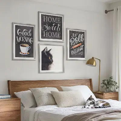 Conjunto de 4 quadros com moldura temas de cozinha com gatos para casa