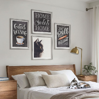 Conjunto de 4 quadros com moldura Temas de cozinha para casa com tema de gato