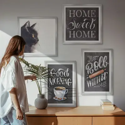 Conjunto de 4 quadros com moldura temas de cozinha com gatos para casa