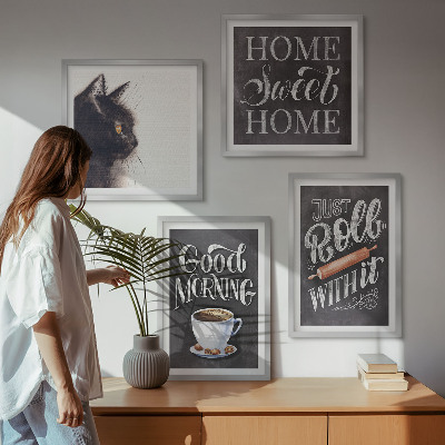 Conjunto de 4 quadros com moldura Temas de cozinha para casa com tema de gato