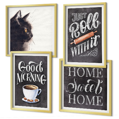 Conjunto de 4 quadros com moldura Temas de cozinha para casa com tema de gato