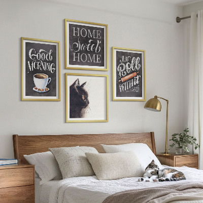 Conjunto de 4 quadros com moldura Temas de cozinha para casa com tema de gato