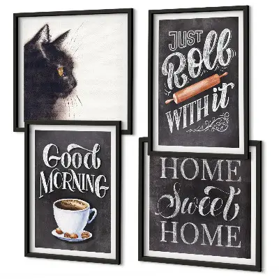 Conjunto de 4 quadros com moldura temas de cozinha com gatos para casa