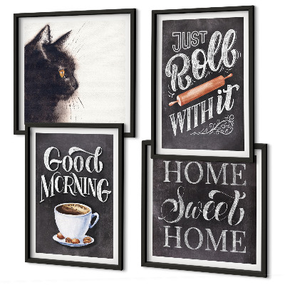 Conjunto de 4 quadros com moldura Temas de cozinha para casa com tema de gato
