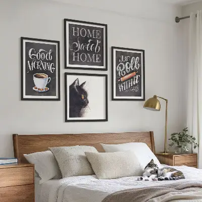 Conjunto de 4 quadros com moldura temas de cozinha com gatos para casa
