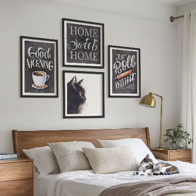 Conjunto de 4 quadros com moldura Temas de cozinha para casa com tema de gato