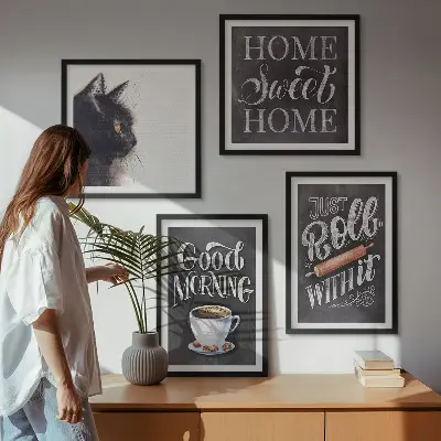 Conjunto de 4 quadros com moldura temas de cozinha com gatos para casa