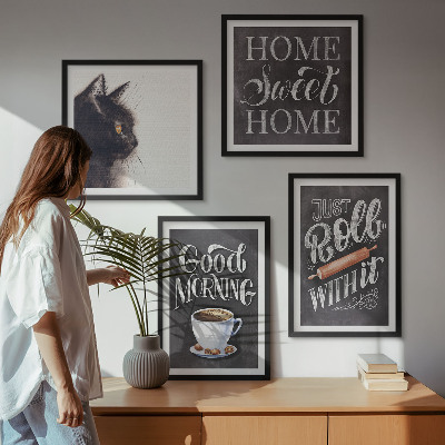 Conjunto de 4 quadros com moldura Temas de cozinha para casa com tema de gato
