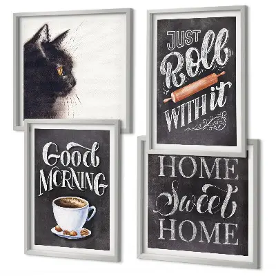 Conjunto de 4 quadros com moldura temas de cozinha com gatos para casa
