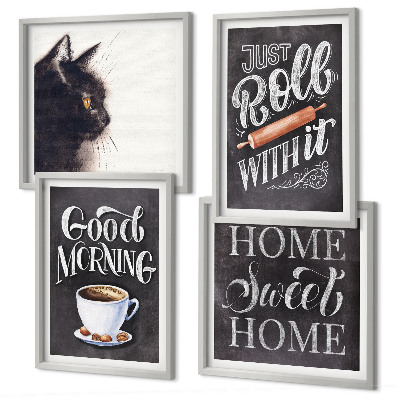 Conjunto de 4 quadros com moldura Temas de cozinha para casa com tema de gato