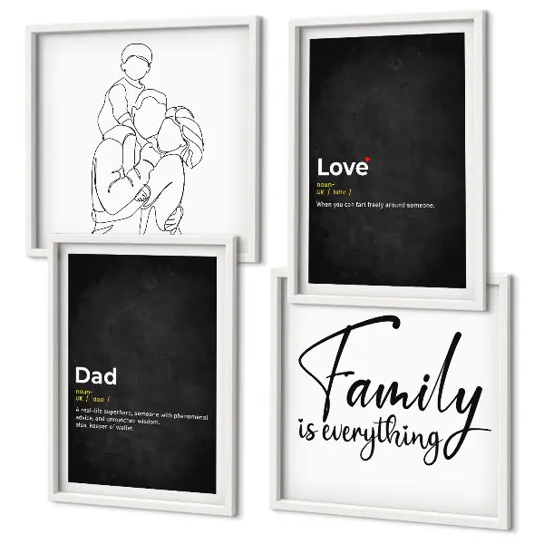 Composição de quadros com desenhos de linha com o tema definições de amor sobre família