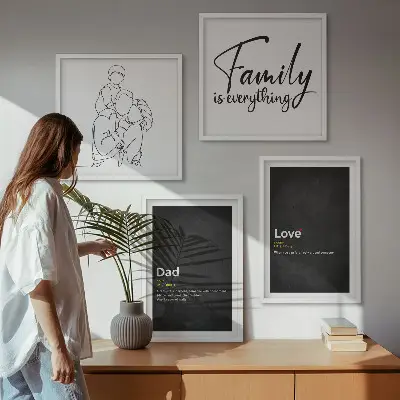 Composição de quadros com desenhos de linha com o tema definições de amor sobre família