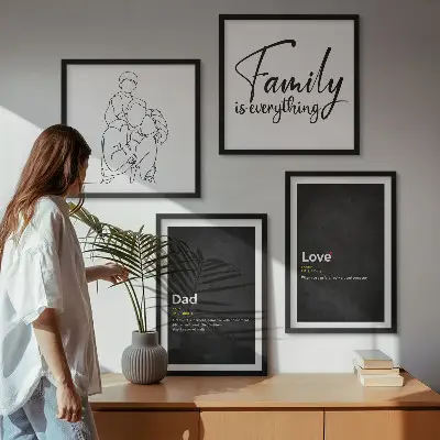 Composição de quadros com desenhos de linha com o tema definições de amor sobre família